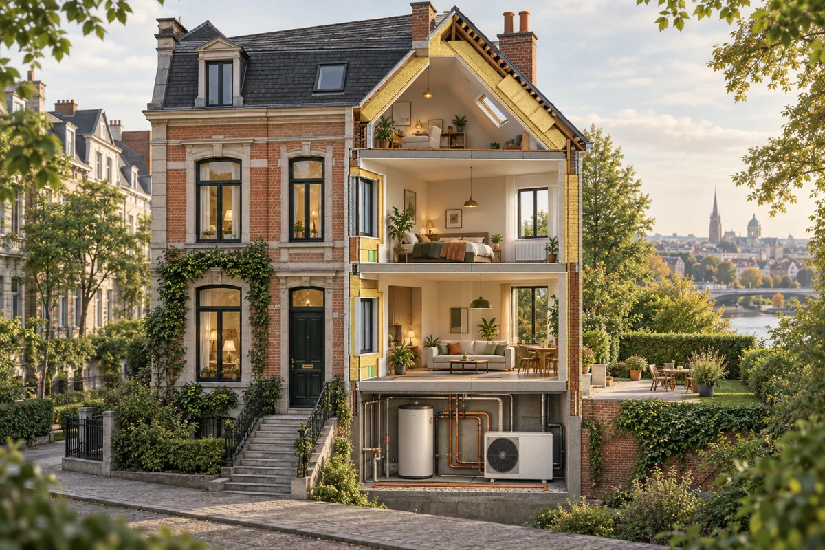 Coupe illustrée d’une maison et de ses équipements énergétiques