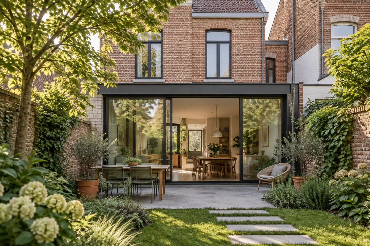 Annexe contemporaine derrière une maison belge